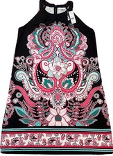 New York & Company Dress Medium Black Pink Boho Paisley Floral Pullover Halter