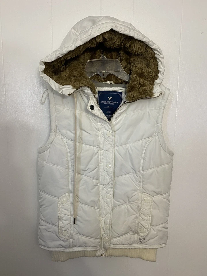 American Eagle Outfitters M белый с капюшоном искусственного меха жилет молнии карманы пальто - Изображение 2 из 4
