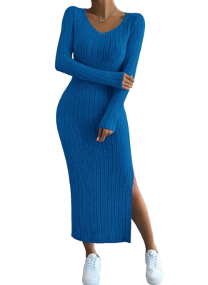Women's Soft Ribbed Knit Long Sleeve V Neck Split Hem Maxi Dress Size M |  eBay
