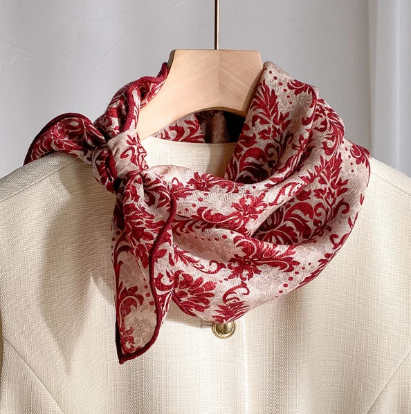 70%Cashmere 30% Silk Scarf Shawl 26'' Neckerchief Red cluster Print Bandana Wrap