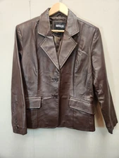 Metro Style Chocolate Brown Women's Genuine Leather Collared Jacket Size 16P