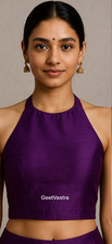 Purple Raw Silk Sleeveless Blouse  Halter Neck Indian Crop Top Saree  Lehenga