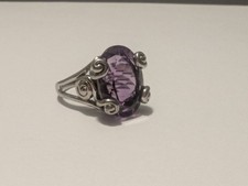 Natural Purple Amethyst Oval Cut 13 Ct Sterling Silver Ring W/Intricate Filigree