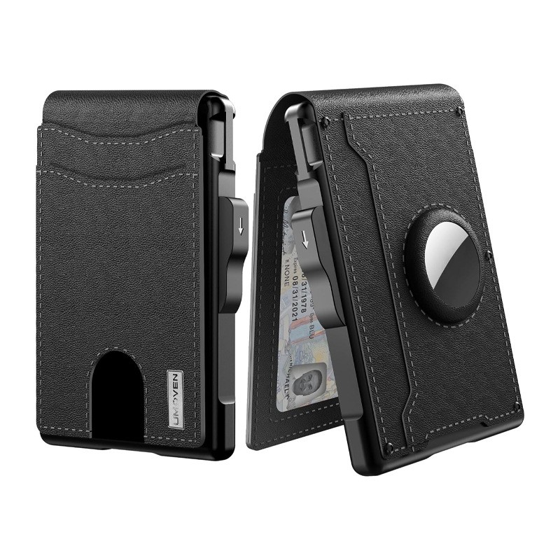 AirTag Wallet for Men - with Pop Up Aluminum Case Money Clip Slim Leather