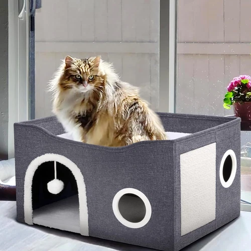 Cat House for Indoor Cats - Large Cat Bed Cave with Fluffy Ball and Scratch P... - Picture 8 of 8