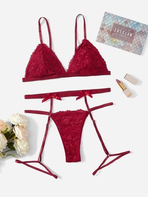 Elorette 3 piece set lingerie with floral lace and bow cheap24