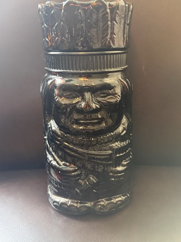 Vintage Native American Wooden Indian Chief Amber Brown Glass Jar Cigar Tobacco