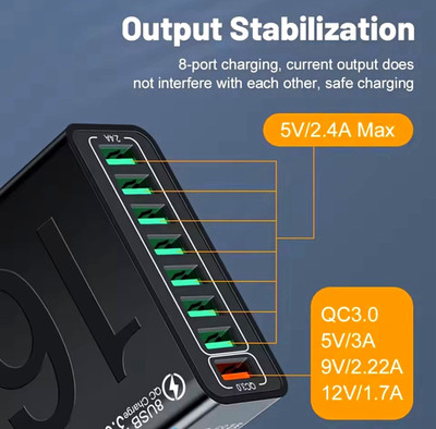 8-Port USB Netzteil QC 3.0 Schnellladung, Schwarz, 5/9/12 V universell