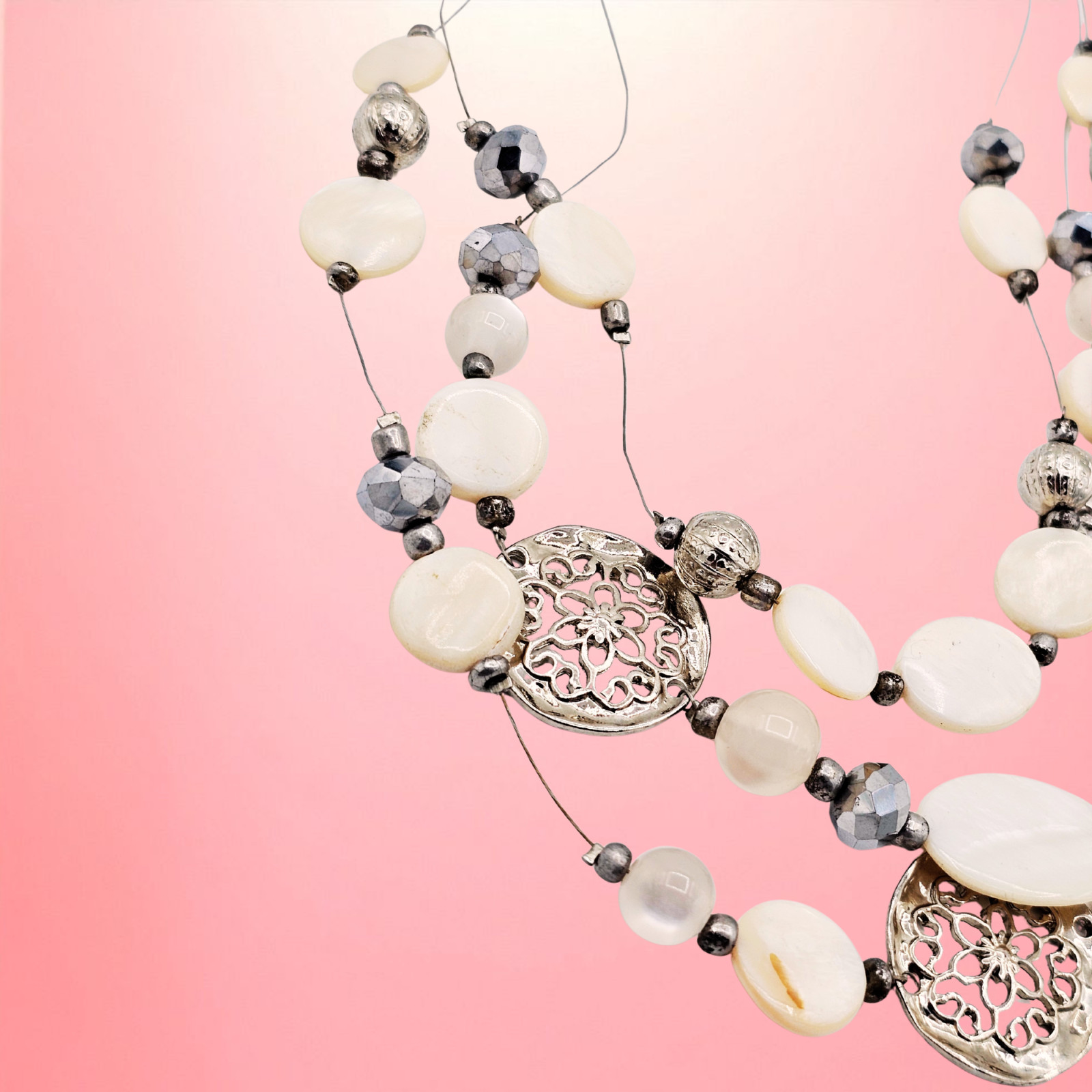 Multi Strand Shell Beaded Statement Necklace Silv… - image 5