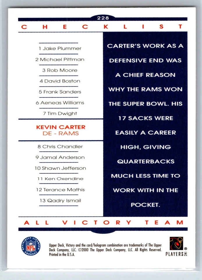 2000 Upper Deck Victory Kevin Carter Checklist St. Louis Rams #228 - Image 2 of 2