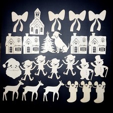 24 Christmas Laser Cut Natural Wood Shape Pieces Ornaments Craft Supply Assorted