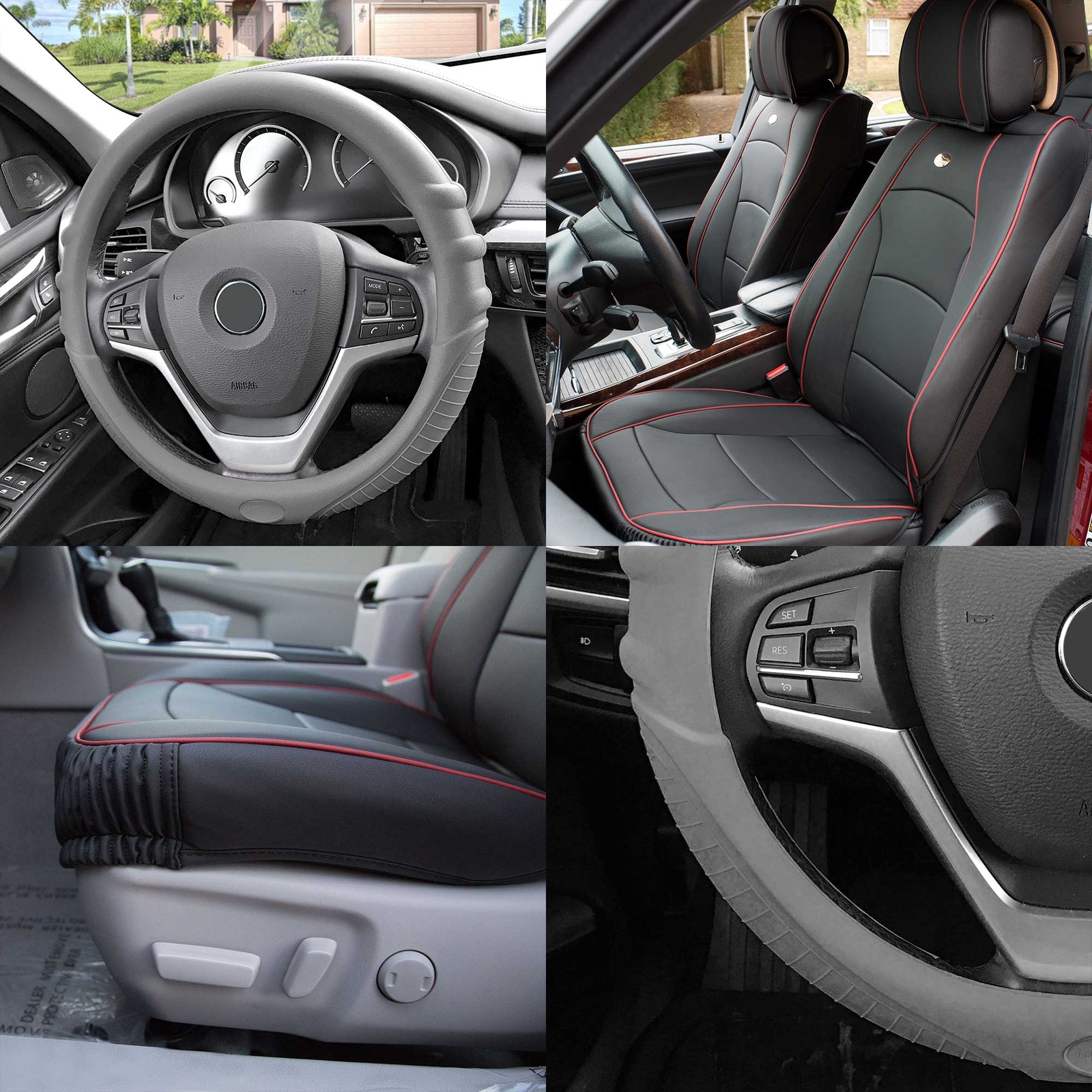 Leatherette Seat Cushion Bucket Pair Black Red w/ Gray Steering Cover For Sedan