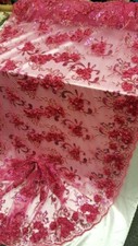 Fuchsia Lace 3D Satin Floral Flowers Sequin Mesh Fabric By The Yard Embroidery
