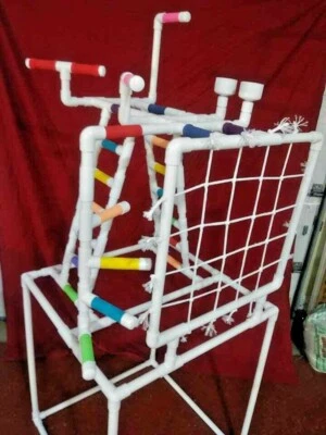 FROM "PERCH PERFECT BIRD SPECIALTIES" PVC Parrot Play Stand - Our LARGER COMBO Play Gym FLOOR PERCH With Swing!