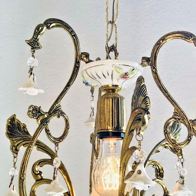 Antique Bronze Italian Capodimonte Roses Crystal Chandelier Pendant Light - Image 3 of 4
