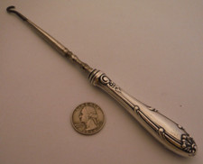 Antique Sterling Silver Handled BUTTON HOOK c.1900 Floral Rococo 7 5/8" NICE