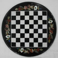16" Black Marble Chess Board Game Floral Pietradura Inlay Stone Play Room Decor