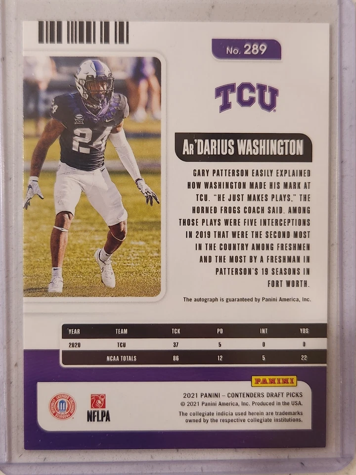2021 Contenders Campus Ticket Holo Silver Auto /99 Ar'Darius Washington Rookie - Image 2 of 3