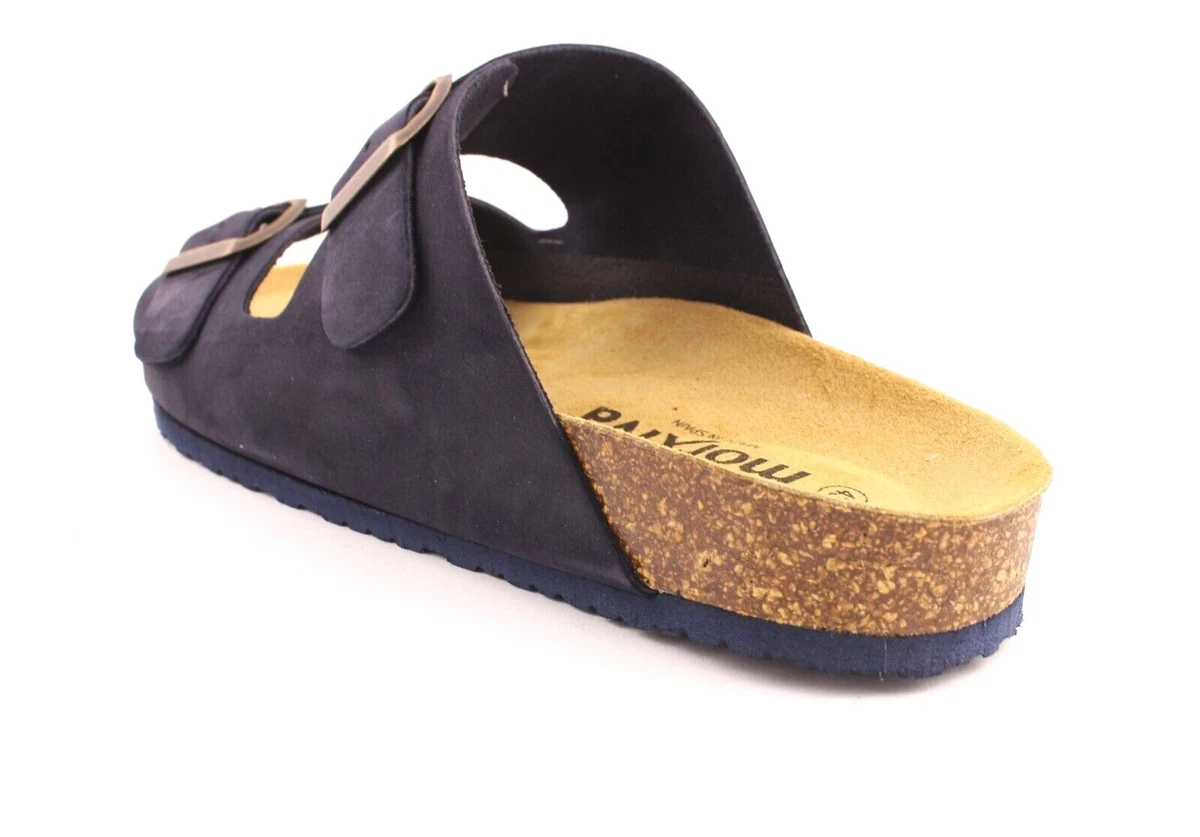 Echtleder Herren Pantoletten Blau Leder Sandalen Korksohle Fußbett Hausschuhe