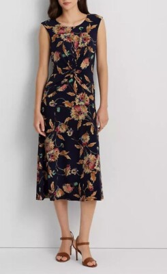 Ralph Lauren Floral Twist Front Navy Jersey Dress NWT Size2 | eBay