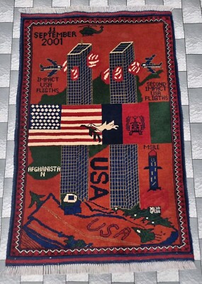 Vintage Afghan War Pictorial Rug Hand Knotted 9/11 Design Rug