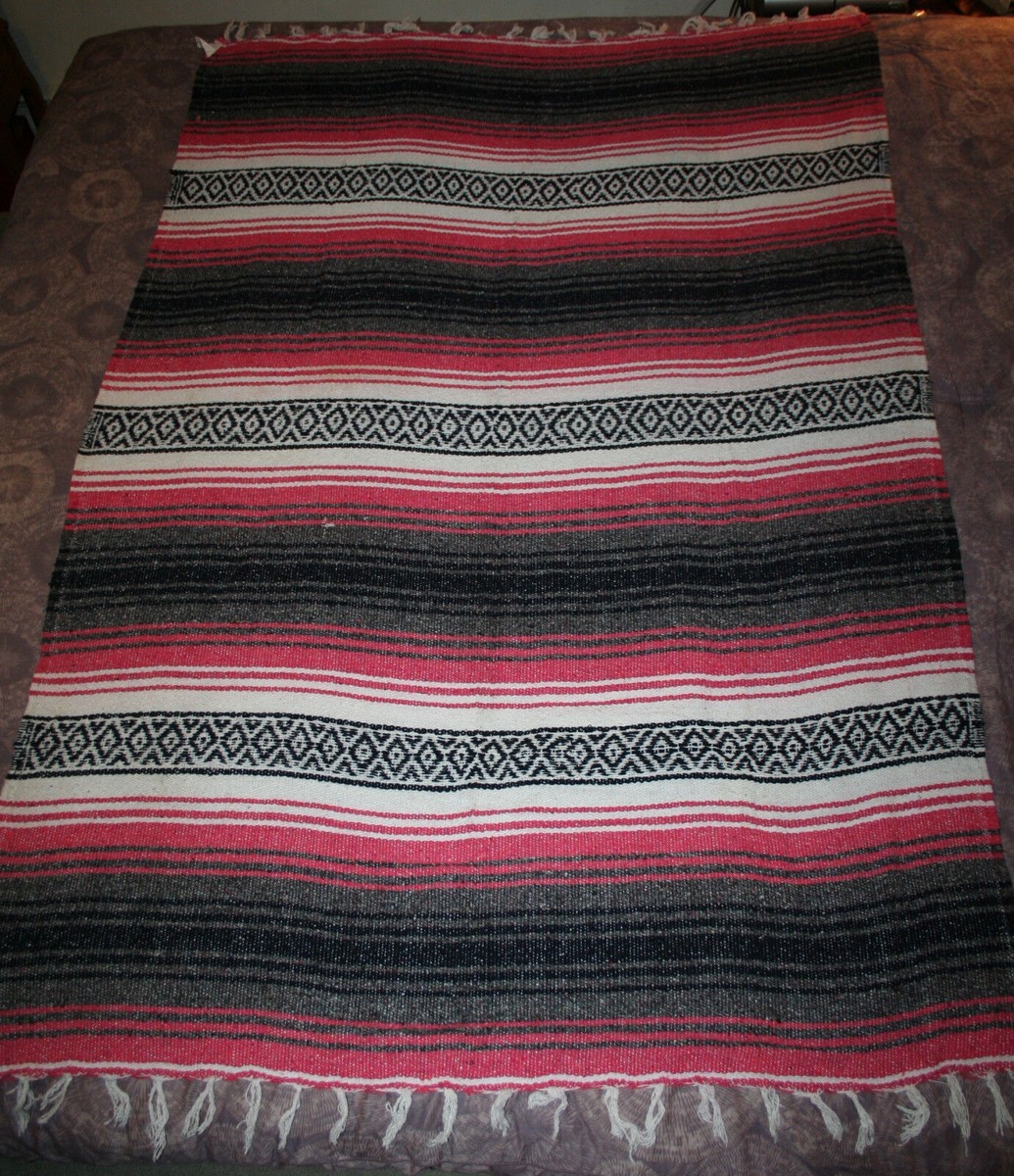 VTG Cotton Mexican Blanket Hand Woven 50x72 Pink Black White