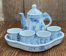 Vintage Miniature Tea Set With Cups Tray, Blue White Porcelain China.