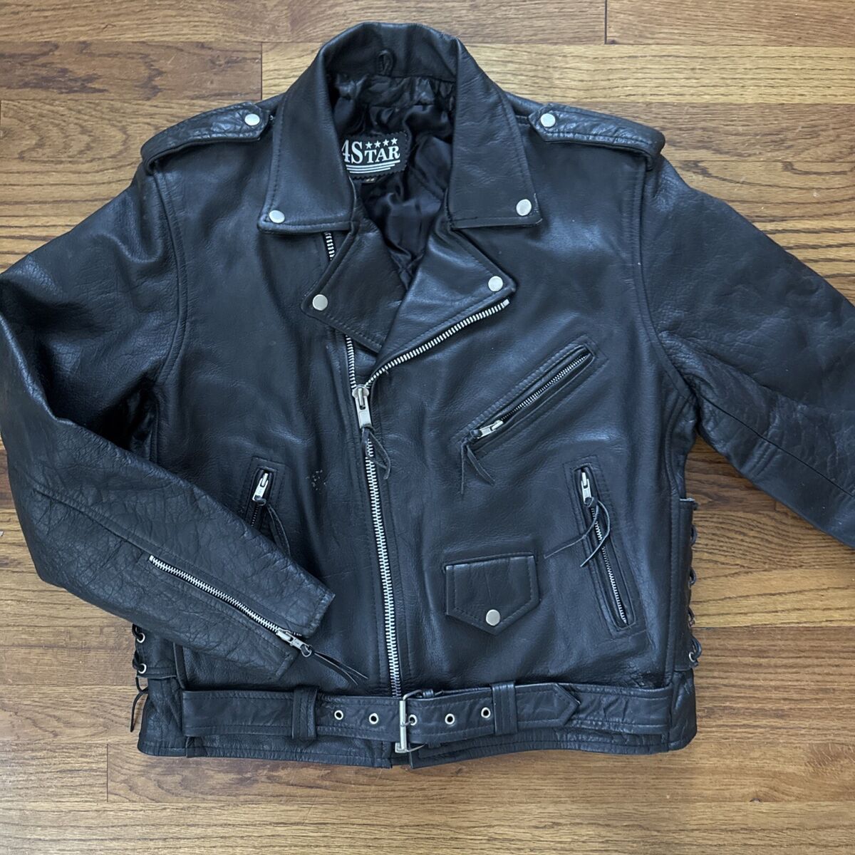 Vintage 4 Star Black Leather Belted Biker Jacket Motorcycle Vintage 4 Star Black Leather Belted Biker Jacket Motorcycle