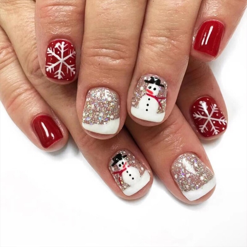 Christmas Short Press on Nails with Snowman Glitter Design Festive Manicure 24Pcs