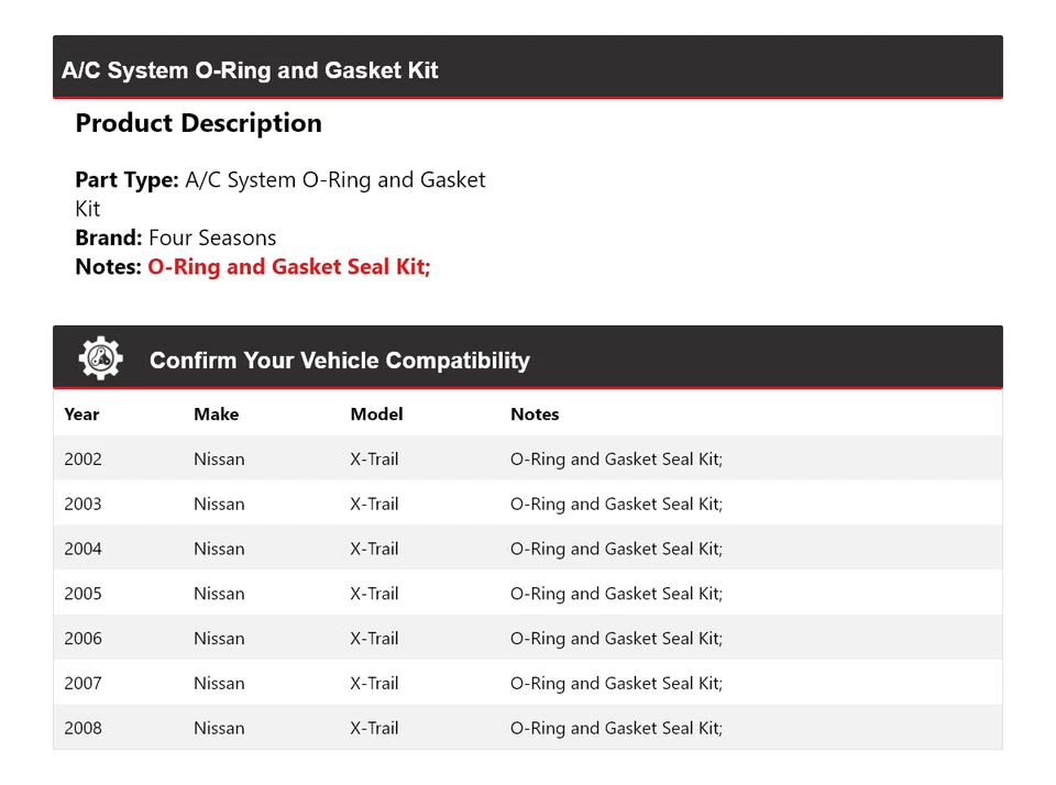 Kit de junta tórica y junta sistema de aire acondicionado Nissan X-Trail 2002-2008 4 estaciones 2003 Foto 2 de 4