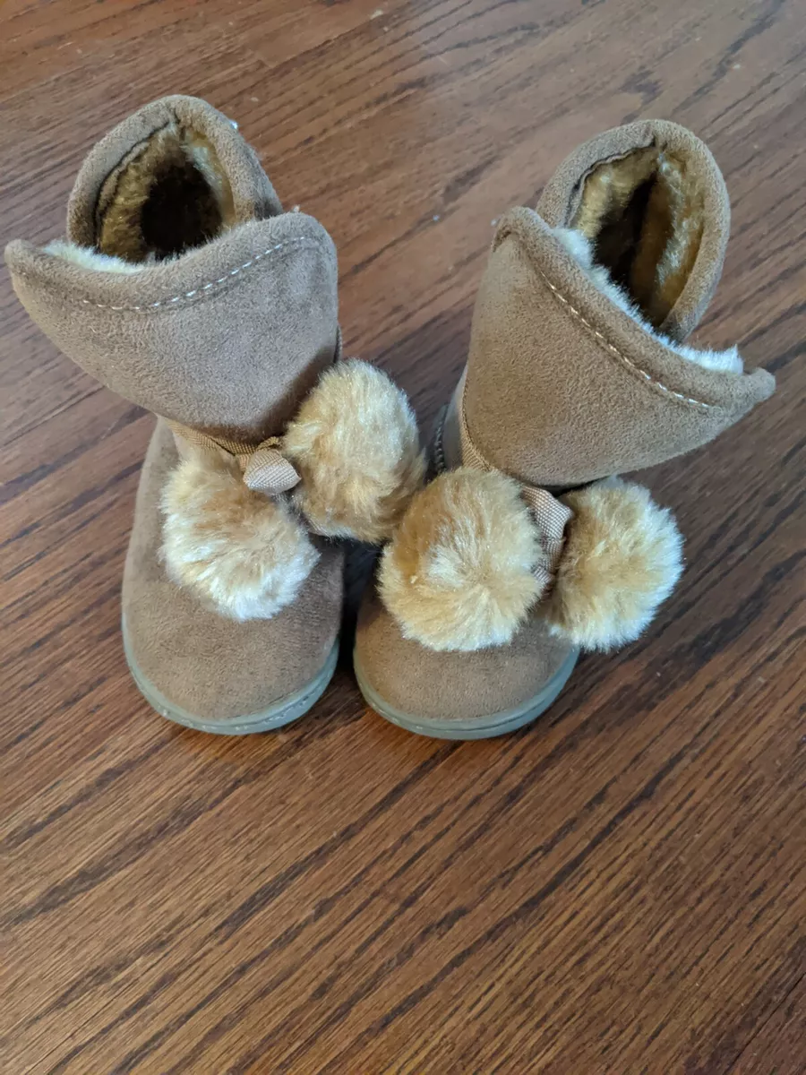 Brown Faux Suede Fur Booties Toddler Kids Girls Winter Boots Shoes Pom Poms  5