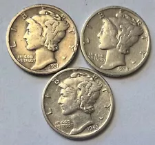 1931-S, 1938-S, 1943-S, SET OF 3 MERCURY DIMES, COINS SAME AS SHOWN IN PHOTO #34