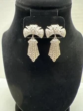 Vintage Lace Style Dangle Screw/Clip On Earrings Silver Tone, Pat 3.176.475