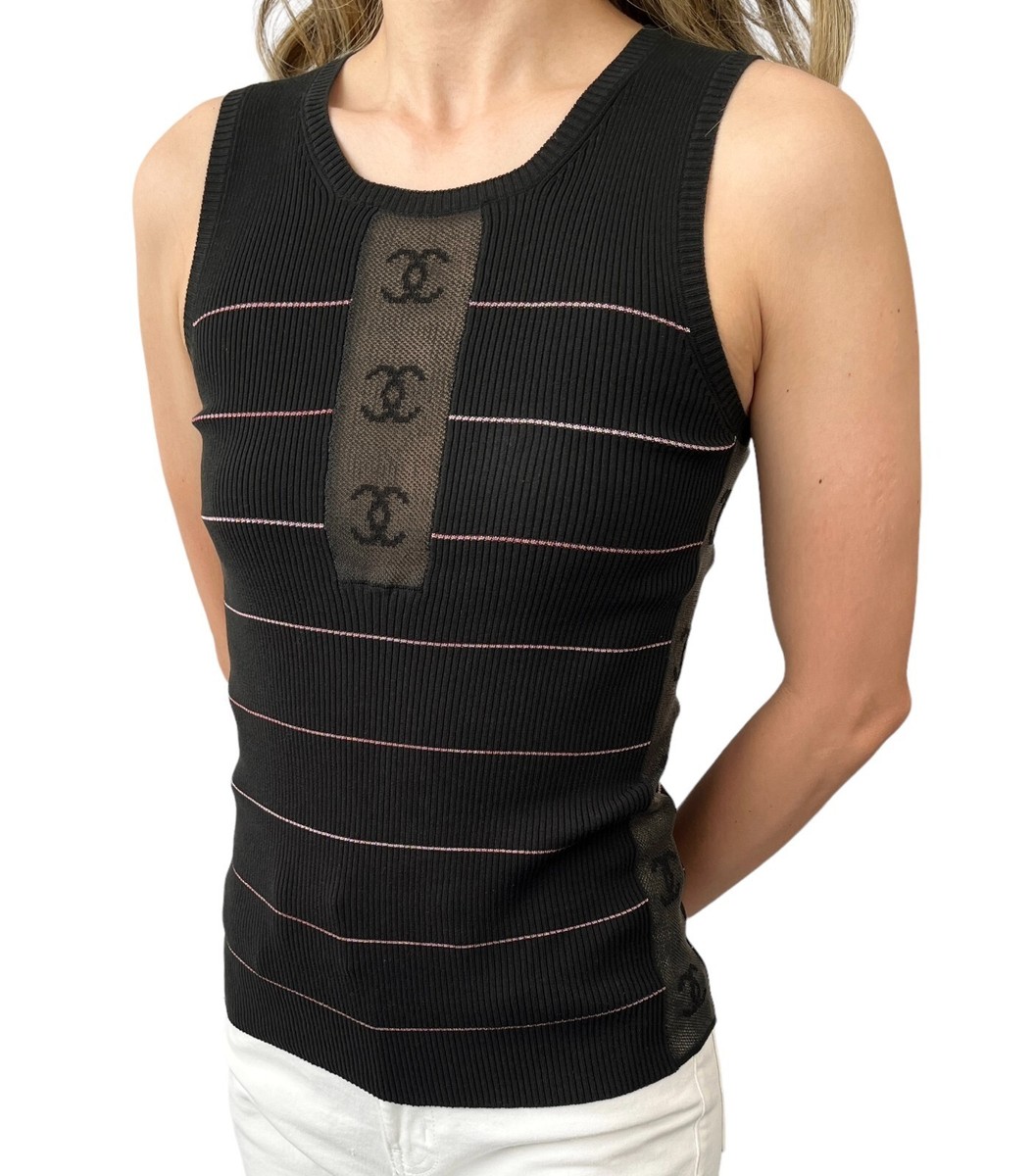 CHANEL Vintage 04P CC Logo Mesh See-through Ribbed Tank Top #38