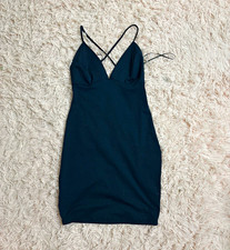 Blue Solid Stretch Mini Bodycon Dress S V-Neck Strappy Sleeveless Party