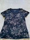 Sonoma Women Floral Short Sleeve V-Neck Pleated T-Shirt Black Brown Size L