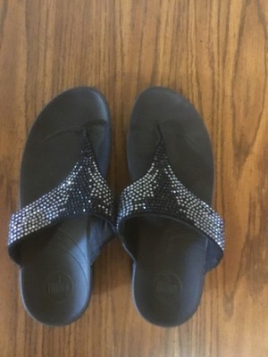 FitFlop Rokkit Black Rhinestone & Suede Thong Sandals Women's Size US 8