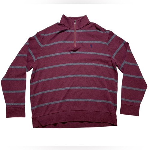 Polo Ralph Lauren Mens Quarter Zip Striped Pullover Burgundy Grey XL