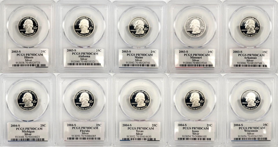 2003  and 2004 S State Proof SILVER PCGS 70 10 Coin Quarter Set - Image 2 of 2