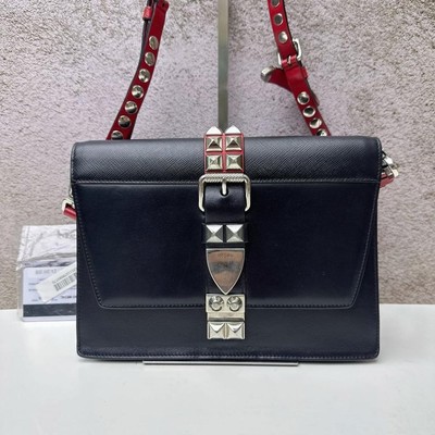 Prada City Calf and Saffiano Studded Elektra Crossbody Black