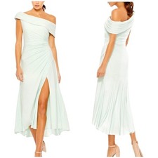 Mac Duggal NWT Asymmetric One Shoulder Ruched Midi Dress Size 8 Green Side Slit