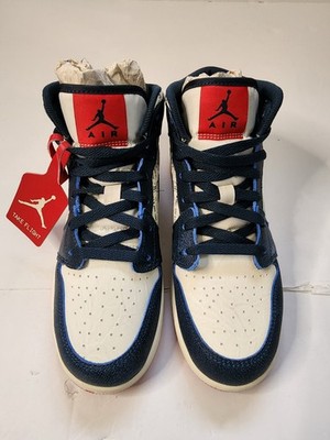 Nike Air Jordan 1 Mid SE (GS) Take Flight Sneakers Youth 6.5 Navy Gold Ivory Red