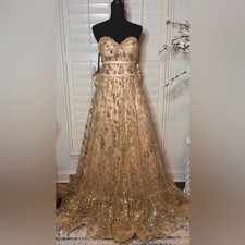 Jovani gold glitter overlay ballgown with bow size 4 sample quinceañera