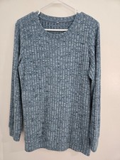 Blue Ribbed Soft Knit Pullover Sweater Size M Crew Neck Long Sleeve Stretch