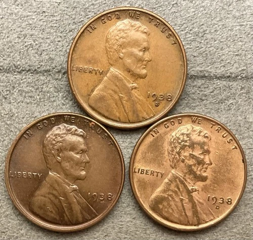 1938-p 1938-D 1938-S  Lincoln Wheat Cents [XF] Extremely Fine (38d Cleaned) B685