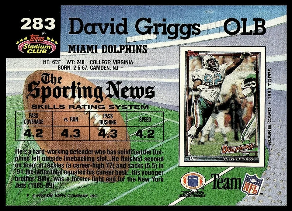 David Griggs 1992 Stadium Club #283 - Image 2 of 2
