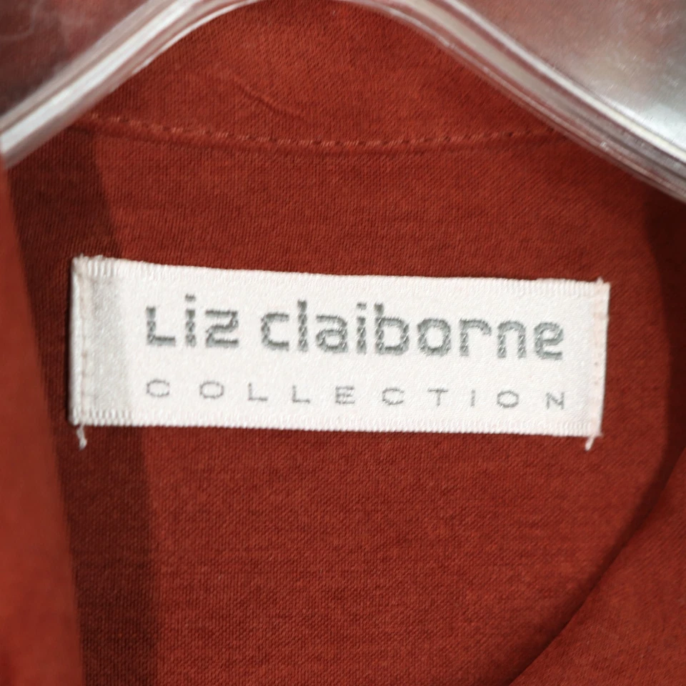 Blusa Vintage Liz Claiborn Seda Top Feminina Ferrugem Pequena Manga Longa Botão Bolsos - Imagem 3 de 4