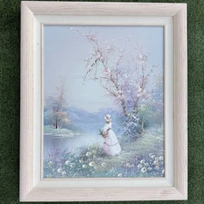 VTG Painting Walton Victorian Lady Water  Cherry Blossom Flowers Framed Signed 