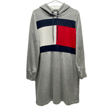 Vintage Tommy Hilfiger Hoodie Sweatshirt Dress Women's XL Grey Colorblock GUC