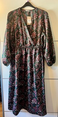 Beautiful satin style, green paisley faux wrap dress - size 16, new